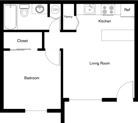 Floor plan for 1 bed, 1 bath, 463 sqft